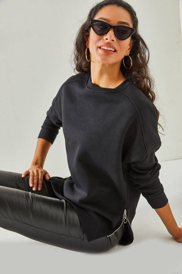 Kadın Siyah Yanları Fermuar Detaylı İçi Polarlı Kalın Sweatshirt SWT-19000624 - Siyah - 1