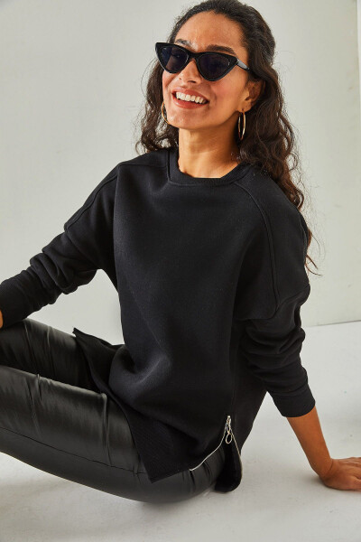 Kadın Siyah Yanları Fermuar Detaylı İçi Polarlı Kalın Sweatshirt SWT-19000624 - Siyah - 5