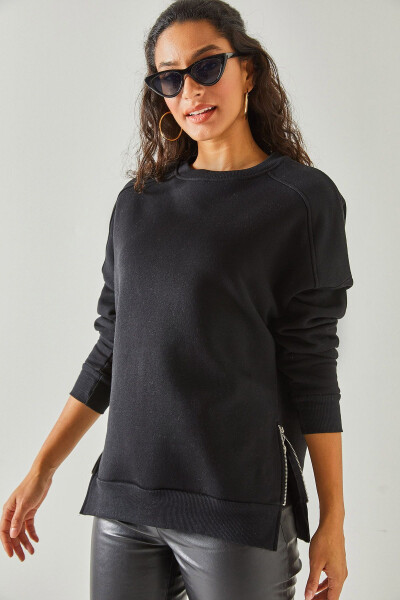 Kadın Siyah Yanları Fermuar Detaylı İçi Polarlı Kalın Sweatshirt SWT-19000624 - Siyah - 6