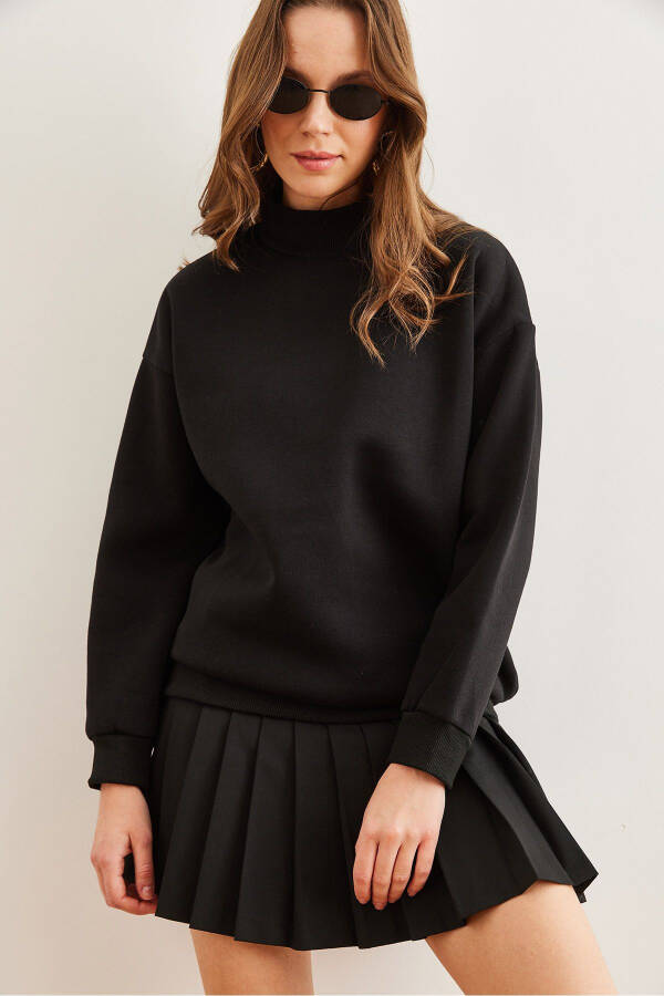 Kadın Siyah Yarım Balıkçı Şardonlu Basic Sweatshirt SWT-19000673 - Siyah - 3
