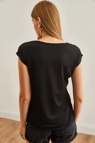 Kadın Siyah Yazılı V Yaka Flamlı Baskılı Örme Tişört TSH-19000654 - Siyah Yazılı - 7