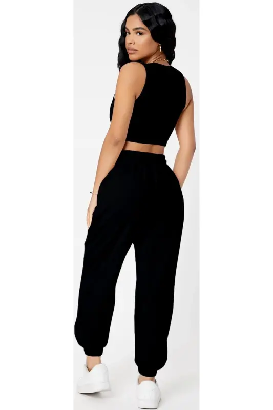 Kadın Siyah Yüksek Belli Jogger Eşofman Altı - blackcompass - 2