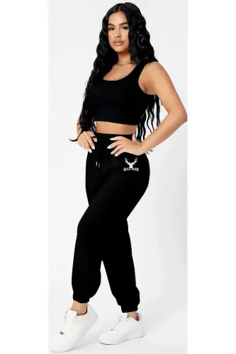 Kadın Siyah Yüksek Belli Jogger Eşofman Altı - blackcompass - 5