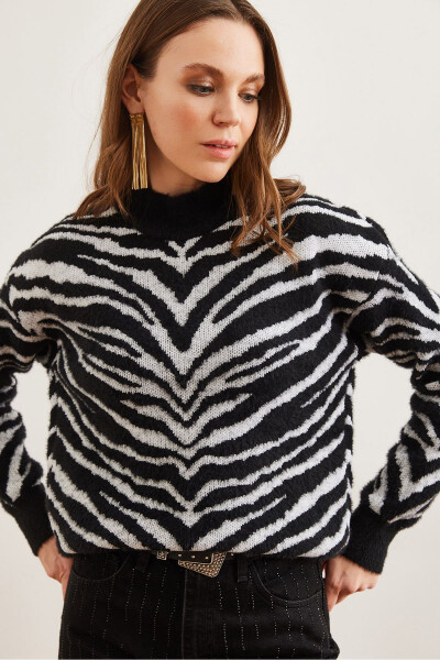 Kadın Siyah Yumuşak Dokulu Zebra KazakKZK-19000899 - Siyah - 6