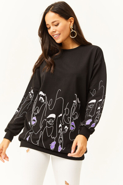 Kadın Siyah Yüz Figürlü Oversize Sweatshirt SWT-19000632 - Siyah 