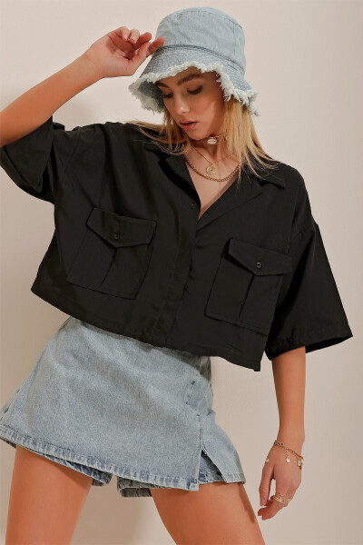 Kadın Siyah Zarf Cepli Crop Poplin Gömlek ALC-X6045-Siyah - 2