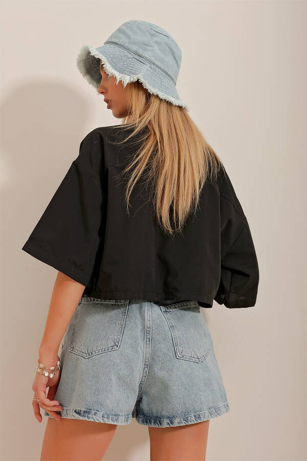 Kadın Siyah Zarf Cepli Crop Poplin Gömlek ALC-X6045-Siyah - 5