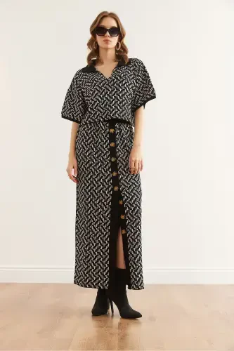 Kadın Siyah Zigzag Desenli Etekli Alt Üst Triko Takım TKM-19000358-Siyah - 2