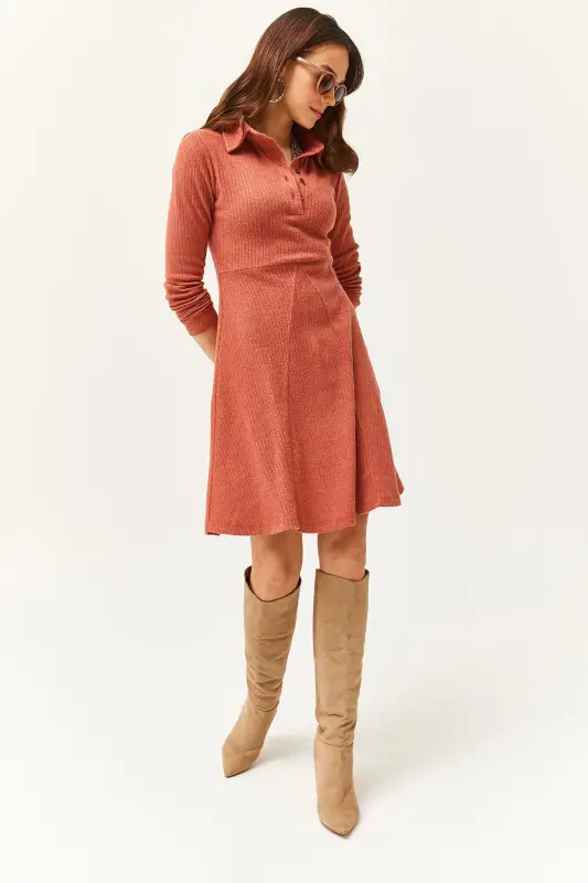 Kadın Soğan Kabuğu Polo Yaka Düğmeli Mini Kloş Elbise ELB-19002030-Soğan Kabuğu - OLALOOK