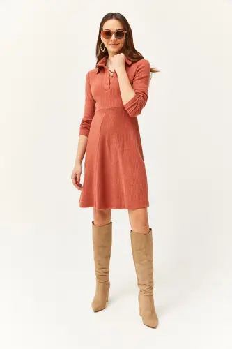 Kadın Soğan Kabuğu Polo Yaka Düğmeli Mini Kloş Elbise ELB-19002030-Soğan Kabuğu - OLALOOK (1)