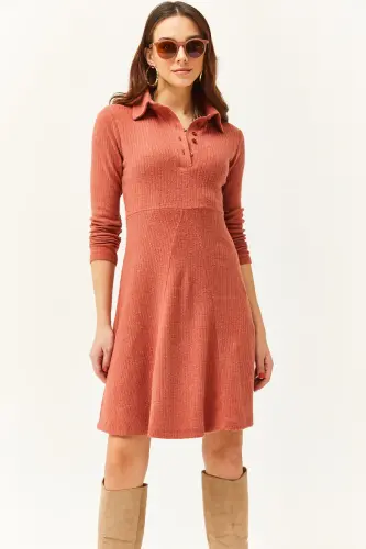 Kadın Soğan Kabuğu Polo Yaka Düğmeli Mini Kloş Elbise ELB-19002030-Soğan Kabuğu - 3