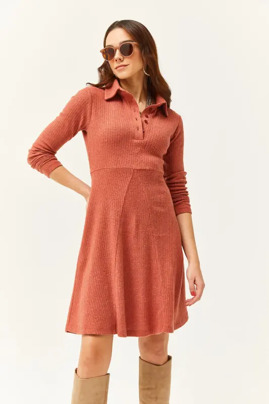 Kadın Soğan Kabuğu Polo Yaka Düğmeli Mini Kloş Elbise ELB-19002030-Soğan Kabuğu - 4