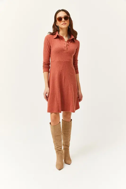 Kadın Soğan Kabuğu Polo Yaka Düğmeli Mini Kloş Elbise ELB-19002030-Soğan Kabuğu - 5