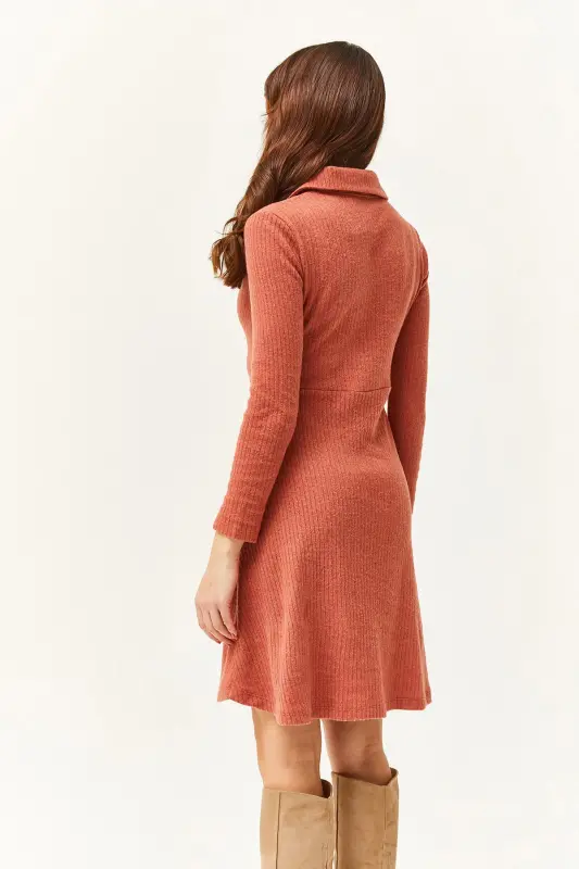 Kadın Soğan Kabuğu Polo Yaka Düğmeli Mini Kloş Elbise ELB-19002030-Soğan Kabuğu - 6