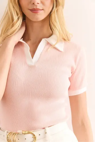 Kadın Somon Beyaz Polo Yaka Renk Detaylı Esnek Pamuk Bluz BLZ-19002920 - Somon Beyaz - 6