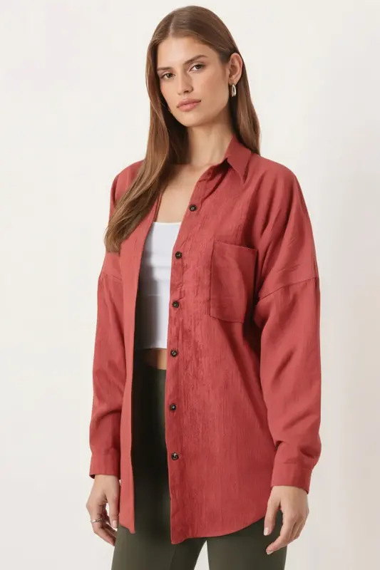 Kadın Somon Cepli Oversize İnce Fitilli Kadife Gömlek ARM-24K001076-Somon - 1