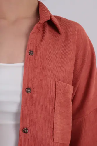 Kadın Somon Cepli Oversize İnce Fitilli Kadife Gömlek ARM-24K001076-Somon - 2