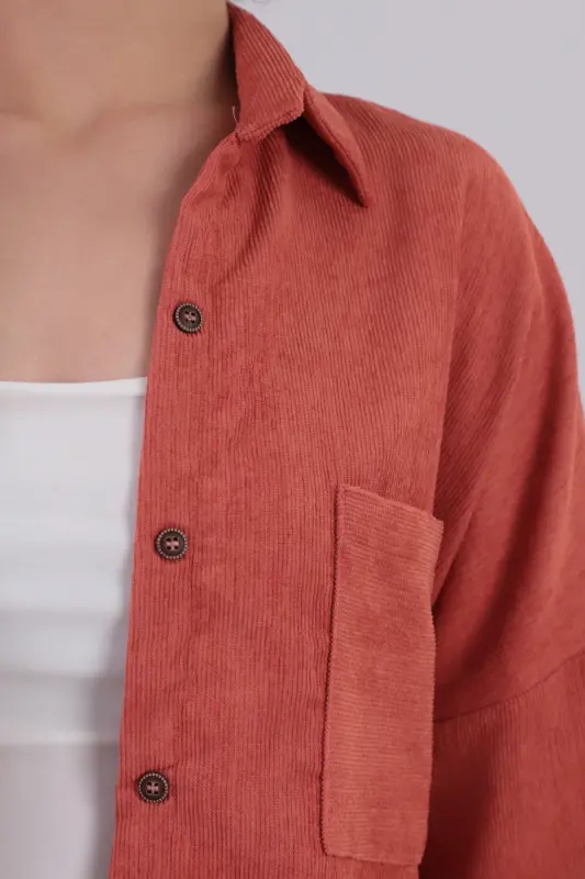 Kadın Somon Cepli Oversize İnce Fitilli Kadife Gömlek ARM-24K001076-Somon - 2