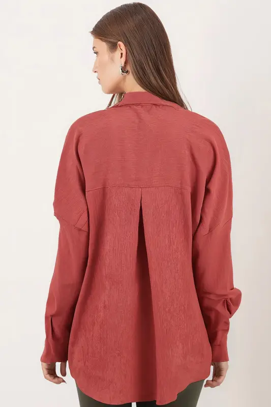 Kadın Somon Cepli Oversize İnce Fitilli Kadife Gömlek ARM-24K001076-Somon - 3