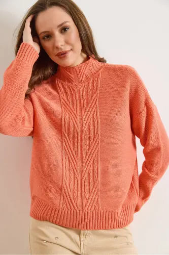 Kadın Somon Dik Yaka Ortası Saç Örgülü Triko Kazak KZK-19000912-Somon 