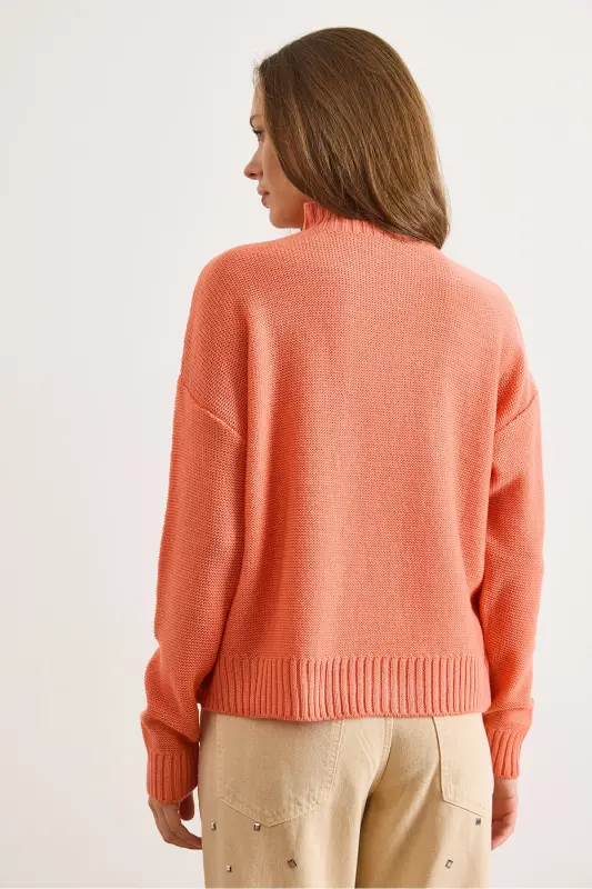 Kadın Somon Dik Yaka Ortası Saç Örgülü Triko Kazak KZK-19000912-Somon - 2