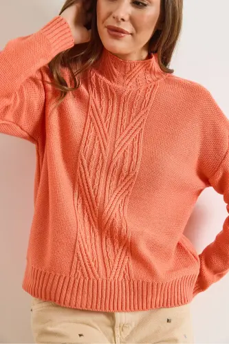 Kadın Somon Dik Yaka Ortası Saç Örgülü Triko Kazak KZK-19000912-Somon - 4