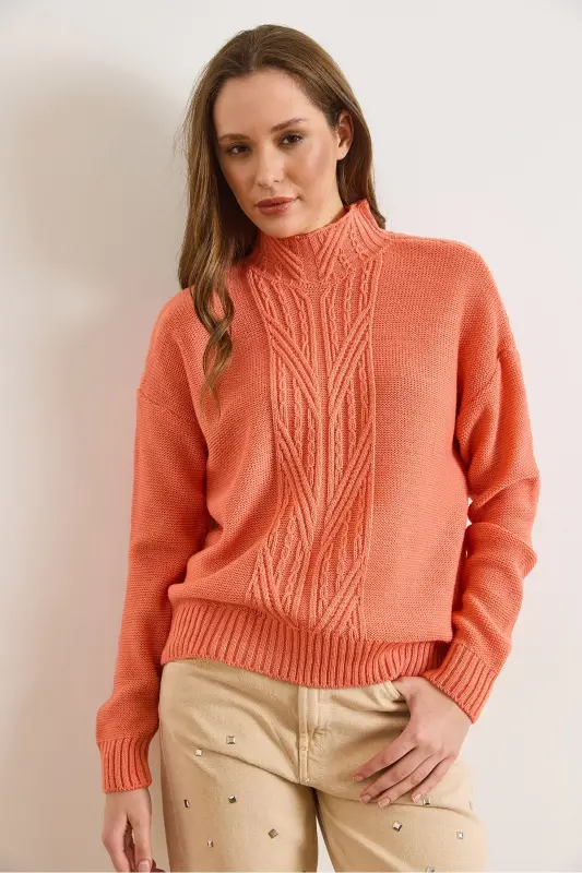 Kadın Somon Dik Yaka Ortası Saç Örgülü Triko Kazak KZK-19000912-Somon - 6