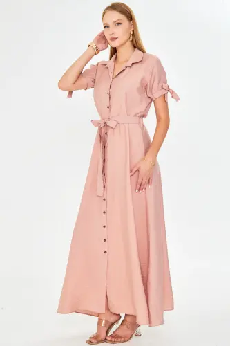 Damen-Hemdkleid mit Lachsfarbenen Ärmeln und Bindegürtel, ARM-23Y001004 - Lachs - 1