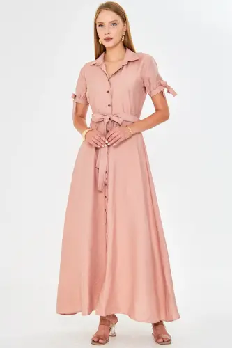Damen-Hemdkleid mit Lachsfarbenen Ärmeln und Bindegürtel, ARM-23Y001004 - Lachs - 3