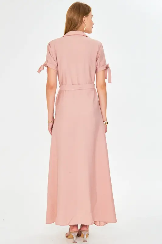 Damen-Hemdkleid mit Lachsfarbenen Ärmeln und Bindegürtel, ARM-23Y001004 - Lachs - 5