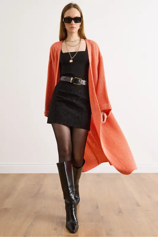 Kadın Somon Manşeti Katlamalı Maxi Triko Hırka HRK-19000297-Somon - OLALOOK