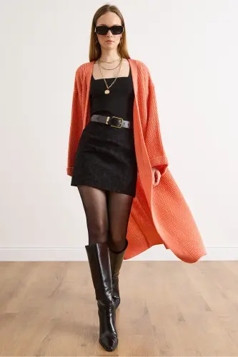 Kadın Somon Manşeti Katlamalı Maxi Triko Hırka HRK-19000297-Somon 