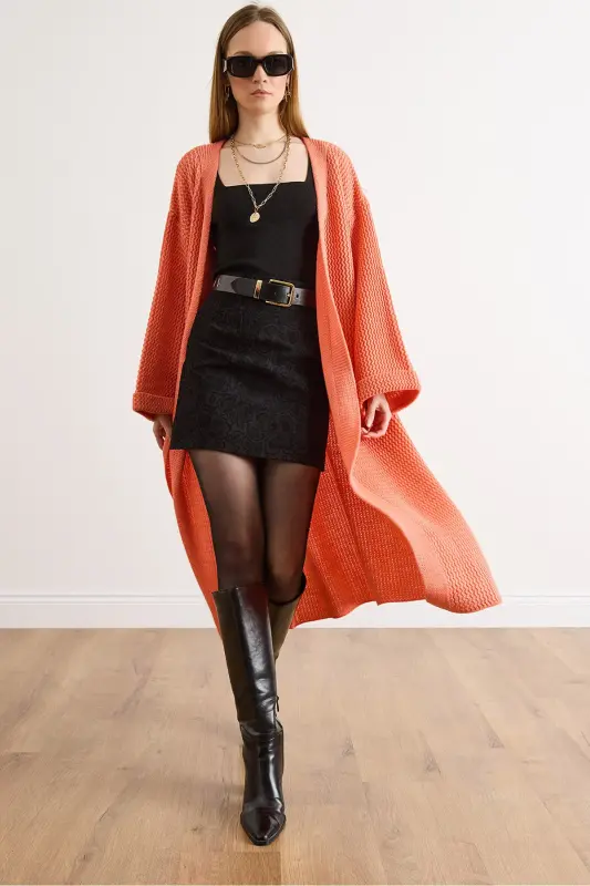 Kadın Somon Manşeti Katlamalı Maxi Triko Hırka HRK-19000297-Somon - 4