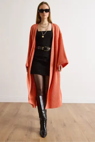 Kadın Somon Manşeti Katlamalı Maxi Triko Hırka HRK-19000297-Somon - 5