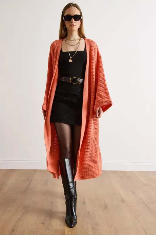 Kadın Somon Manşeti Katlamalı Maxi Triko Hırka HRK-19000297-Somon - 5