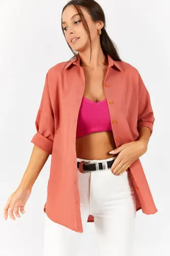 Kadın Somon Oversize Uzun Basic Gömlek ARM-22Y001118-Somon - 1