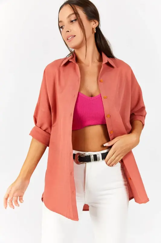 Kadın Somon Oversize Uzun Basic Gömlek ARM-22Y001118-Somon - ARMONIKA