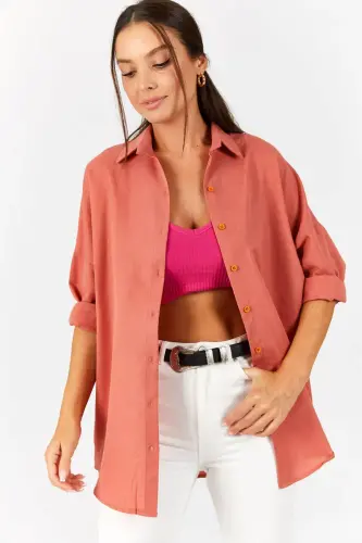 Kadın Somon Oversize Uzun Basic Gömlek ARM-22Y001118-Somon - ARMONIKA (1)