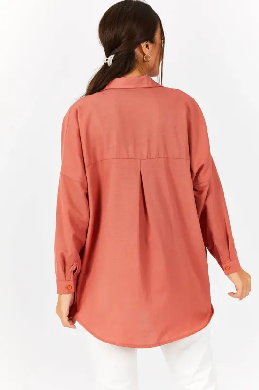 Kadın Somon Oversize Uzun Basic Gömlek ARM-22Y001118-Somon - 4