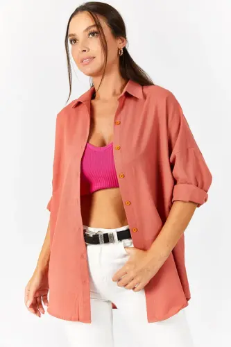 Kadın Somon Oversize Uzun Basic Gömlek ARM-22Y001118-Somon - 3