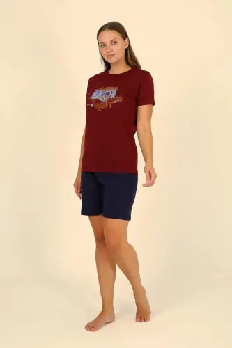 Kadın Şortlu Kısa Kol Penye Pijama Takım Bordo 3622 - 3