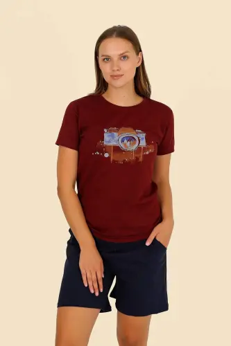 Kadın Şortlu Kısa Kol Penye Pijama Takım Bordo 3622 - 4