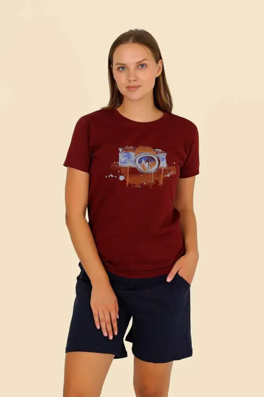 Kadın Şortlu Kısa Kol Penye Pijama Takım Bordo 3622 - 4
