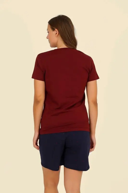 Kadın Şortlu Kısa Kol Penye Pijama Takım Bordo 3622 - 6
