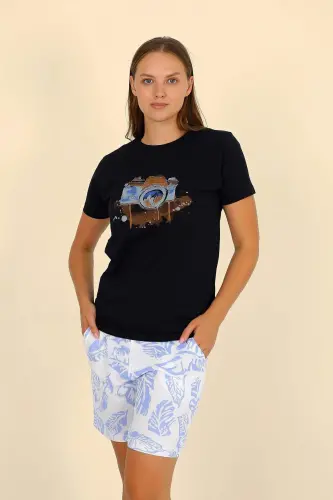 Kadın Şortlu Kısa Kol Penye Pijama Takımı Siyah 3624 - 4