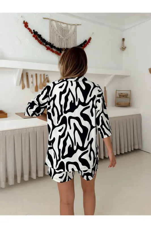 Kadın Şortlu Zebra Baskı Düşük Omuz Şortlu Kimono Takım-kirlibeyaz - 7
