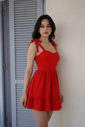 Kadın Straplez Yaka Bağlamalı Askı Tasarım Kloş Mini Mezuniyet Abiye Elbise-Kırmızı - ALFUDO MODA COLLECTION (1)