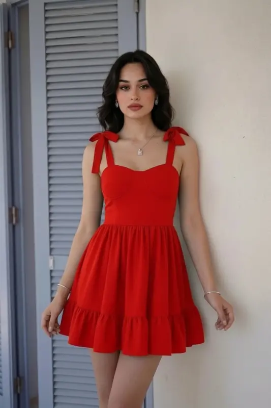 Kadın Straplez Yaka Bağlamalı Askı Tasarım Kloş Mini Mezuniyet Abiye Elbise-Kırmızı - 3