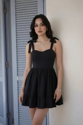 Kadın Straplez Yaka Bağlamalı Askı Tasarım Kloş Mini Mezuniyet Abiye Elbise-Siyah - 5