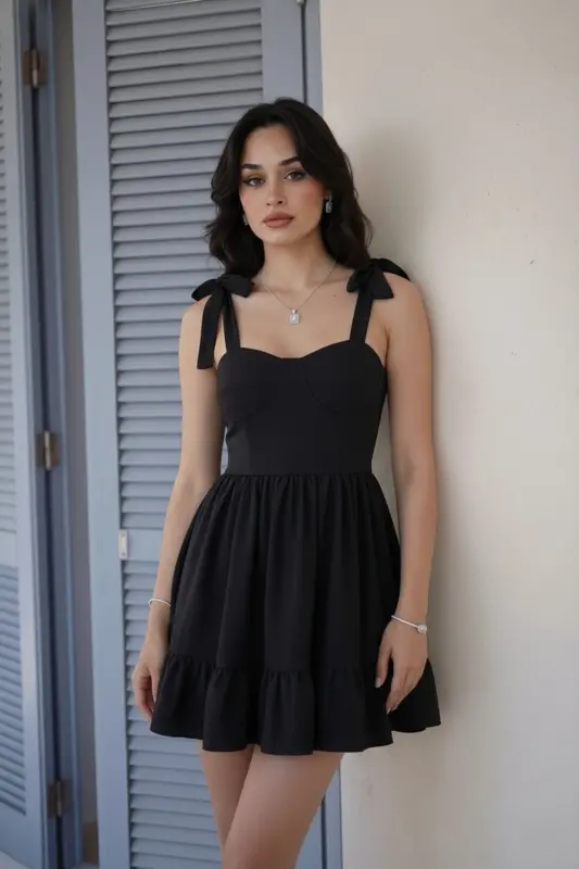 Kadın Straplez Yaka Bağlamalı Askı Tasarım Kloş Mini Mezuniyet Abiye Elbise-Siyah - 5